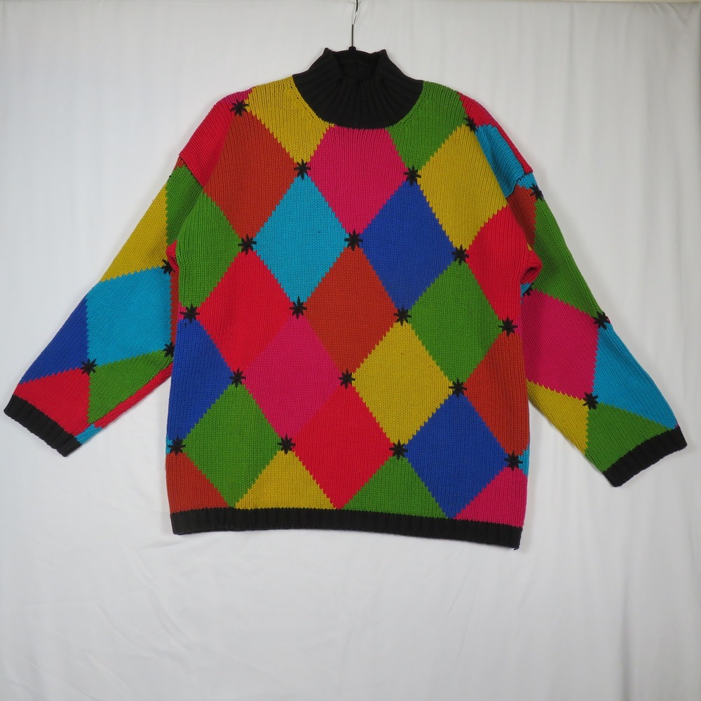 Vintage Kikit Maurice Sasson Colorful‎ Diamond Knit Sweater